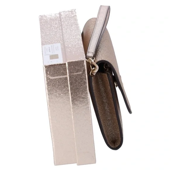 Kate Spade Glimmer Boxed Medium Flap Phone Wristlet Wallet Gold Glitter Holiday - Picture 6 of 6